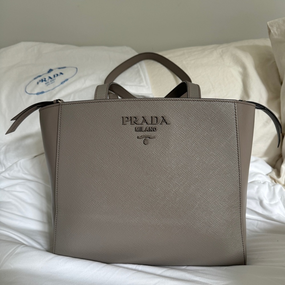 Prada Vitello Daino Leather Zip Tote Bag Greige Grey